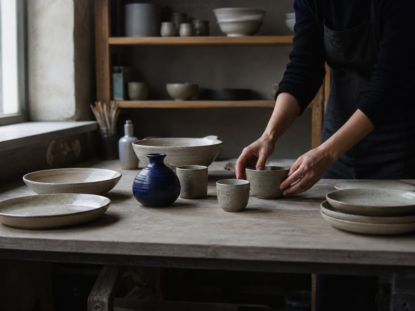 Ceramic studio owner arranging handmade pieces