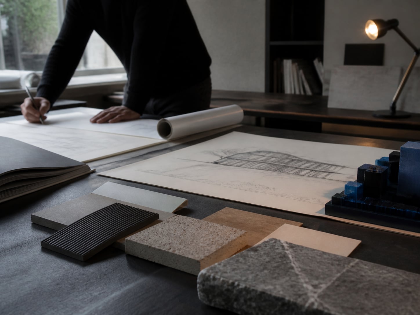 Architectural studio desk with plans and material samples